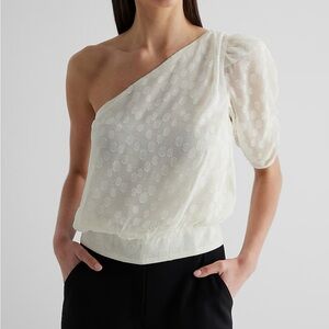 Express White Polka Dot Textured Chiffon One Shoulder Banded Bottom Top Size S‎